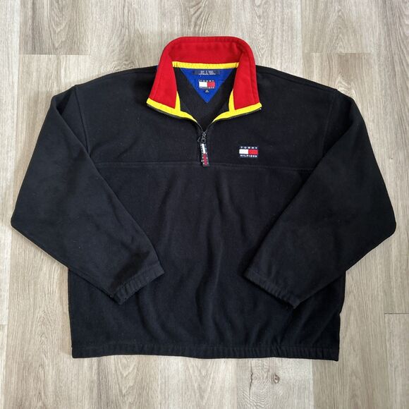 Tommy Hilfiger Pullover Mens XL Black 1/4 Zip Fleece Sweater Vintage 90s Y2K - Picture 1 of 10